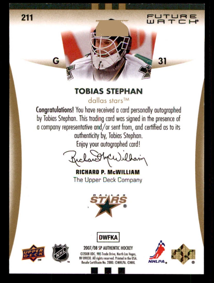 2007-08 SP Authentic #211 Tobias Stephan AU RC /999 (ref 240018) - Image 2 of 2
