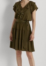 Ralph Lauren Womens Green Tie Front Button Closure Flutter Sleeve Dress, 2, $145