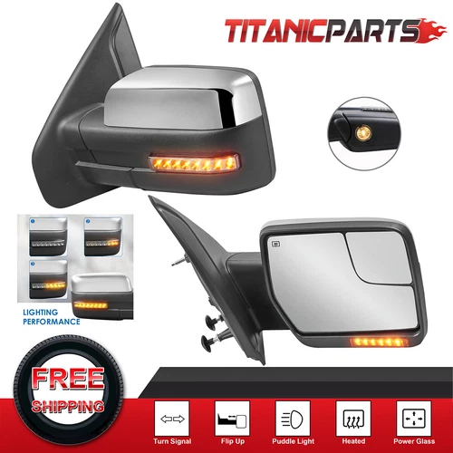 Set Power Heated Tow Mirrors For 2004-2014 Ford F-150 & Turn Signal Puddle Light