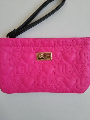 Betsey Johnson BE MINE LUV pink quilted wristlet bag with a gold-tone logo plate