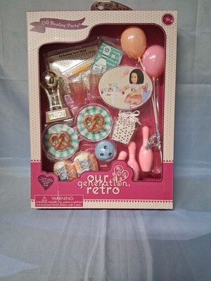 Our Generation Retro Bowling  Party Set For 18'' Dolls PIns, Trophy, Balloons New