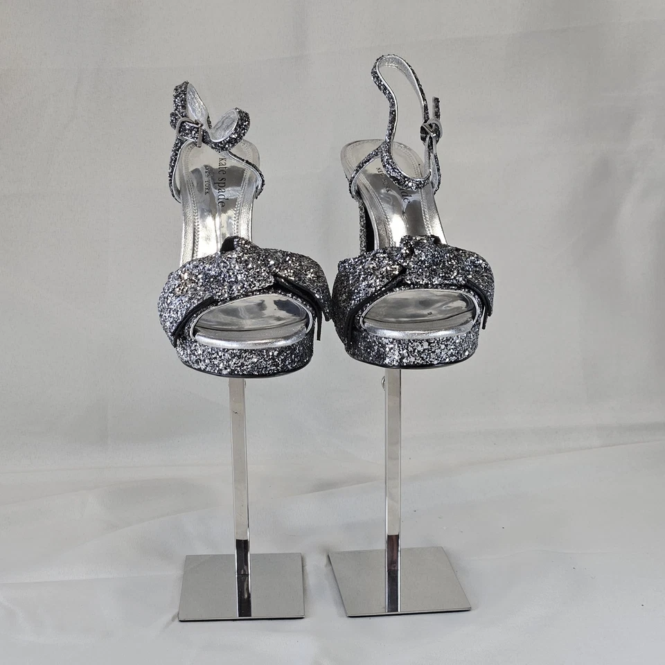 Kate Spade Silver Glitter Bow Miya Platform Open Toe Heels Sz 8B-New - Image 2 of 2