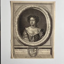 Antique Engraving Princess Anne of Denmark, Future Queen of Great Britain 17th c