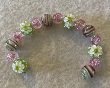 New 6.5  Strand Exquisite Pink  Green Floral LampWork Glass Beads 10-14mm