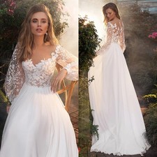 Boho V Neck Long Puff Sleeve Back Button Lace A Line Wedding Dress Bridal Gown
