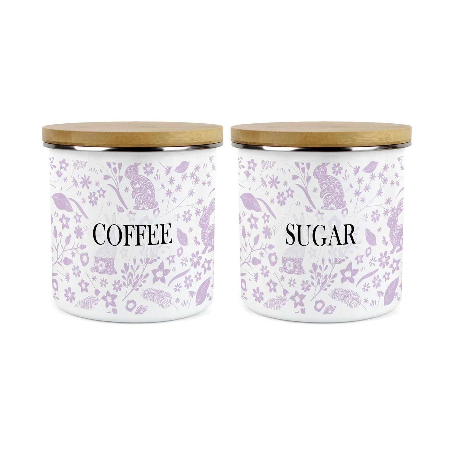 Wild Rabbits Coffee & Sugar Enamel Jar Storage Canister Set - Lilac Kitchen Gift