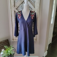 Mystree Women's Surplice Faux Wrap Floral Embroidered Shoulder Dress Navy Blue