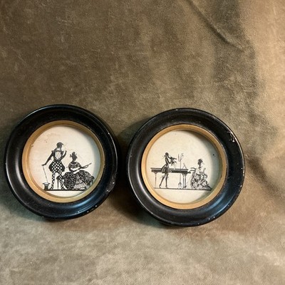 Antique Victorian Black-And-White Silhouette Mini Pair Man And Woman Scene