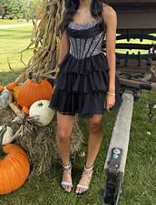 Sherri Hill Black/Silver Corset Tiered Ruffle Mini Dress, Lace-Up Back HOCO 000
