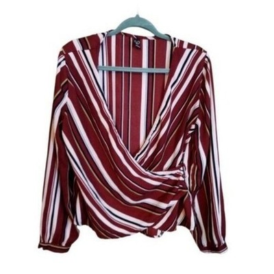 Windsor Womens Sz L Red White Striped Long Sleeve Overlap Blouse