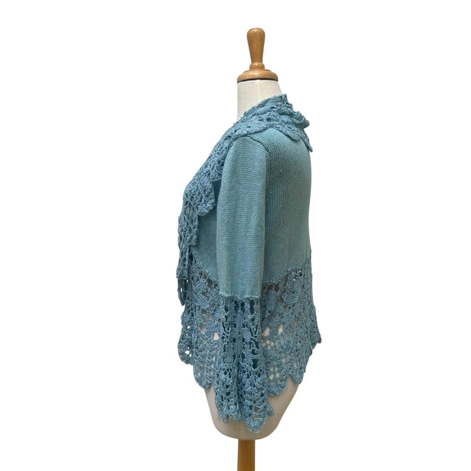 Cárdigan De Colección Nine West Talla L Azul Ramie Frente Abierto Crochet Manga Campana Boho Y2K Foto 3 de 4