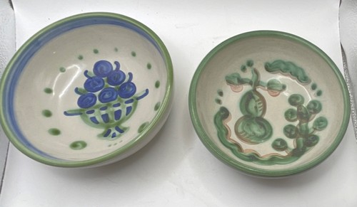 Hadley Ceramic Bowls Set of 2 Hand Painted Fruit Pattern Green Blue Beige Glossy