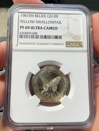 YELLOW SWALLOWTAIL 1981FM BELIZE G$100 NGC PF 67 ULTRA CAMEO Coin