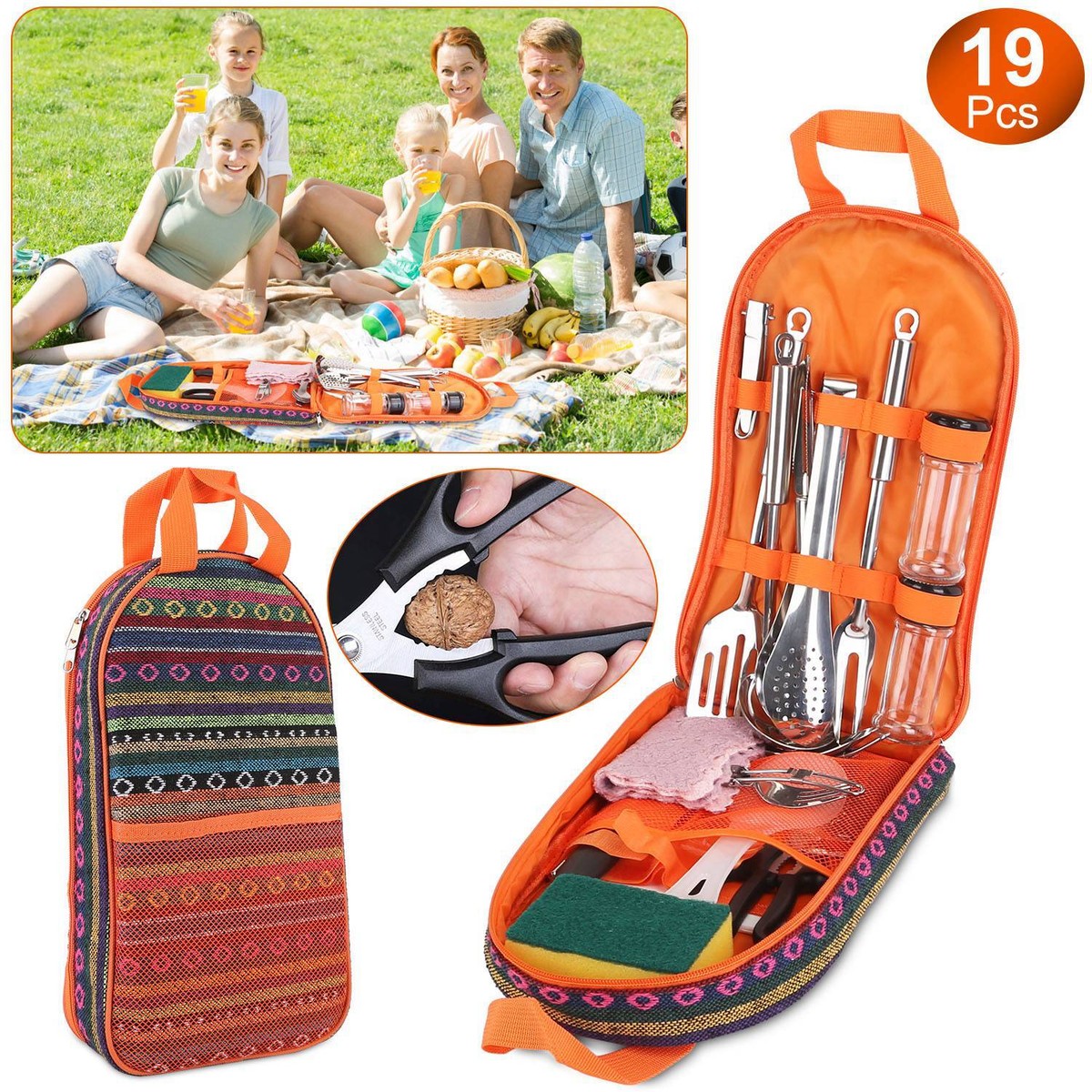 19 Pieces Portable Camping Utensils Set Cooking Kit Outdoor Picnic