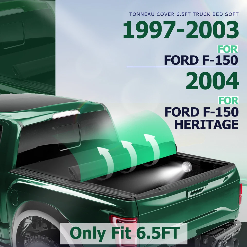 6.5FT Soft Roll Up Tonneau Cover Truck Bed w/Lamp For Ford F150 Heritage 97-04 - Image 3 of 4