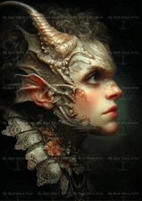 FANTASY ELF DEMON PORTRAIT ART PRINT, Gothic Horned Creature Poster, Fae Decor