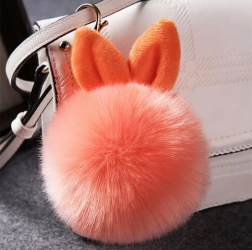 KEYRING POM POM FLUFFY BAG CHARM RABBIT EARS CUTE FUR BALL CHARMS ORANGE