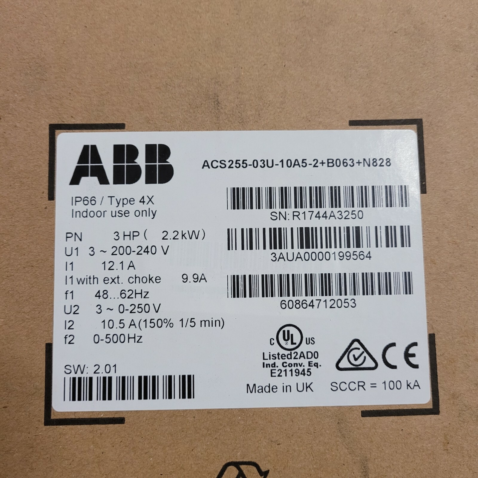 ABB ACS255-03U-10A5-2+B063+N828 3 HP Frequency Converter