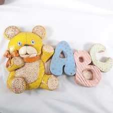 Vintage Nursery Decor Ceramic Handpainted Chalkware Bear Wall Art ABC
