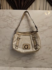Guess Tan Faux Ostrich Shoulder Bag. Silver Tone Hardware Zipper Pockets