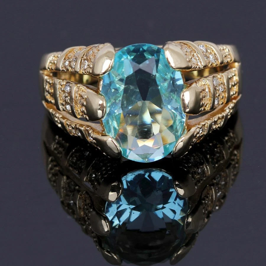 Anillos de banda de aniversario enchapados en oro aguamarina con halo para hombre talla 8-12 Foto 3 de 4