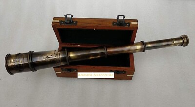 14'' Antique Brass Spyglass Telescope w/ Wood Box