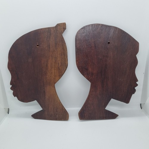 Pair Of Wooden African Carved Wall Hangings Of Man And Woman Tribal Profile - Picture 4 of 7
