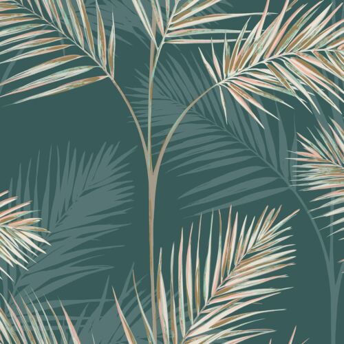 South Beach Palm Leaf Fine Decor Wallpaper Emerald Green Metallic Mica FD42679 - Picture 2 of 4