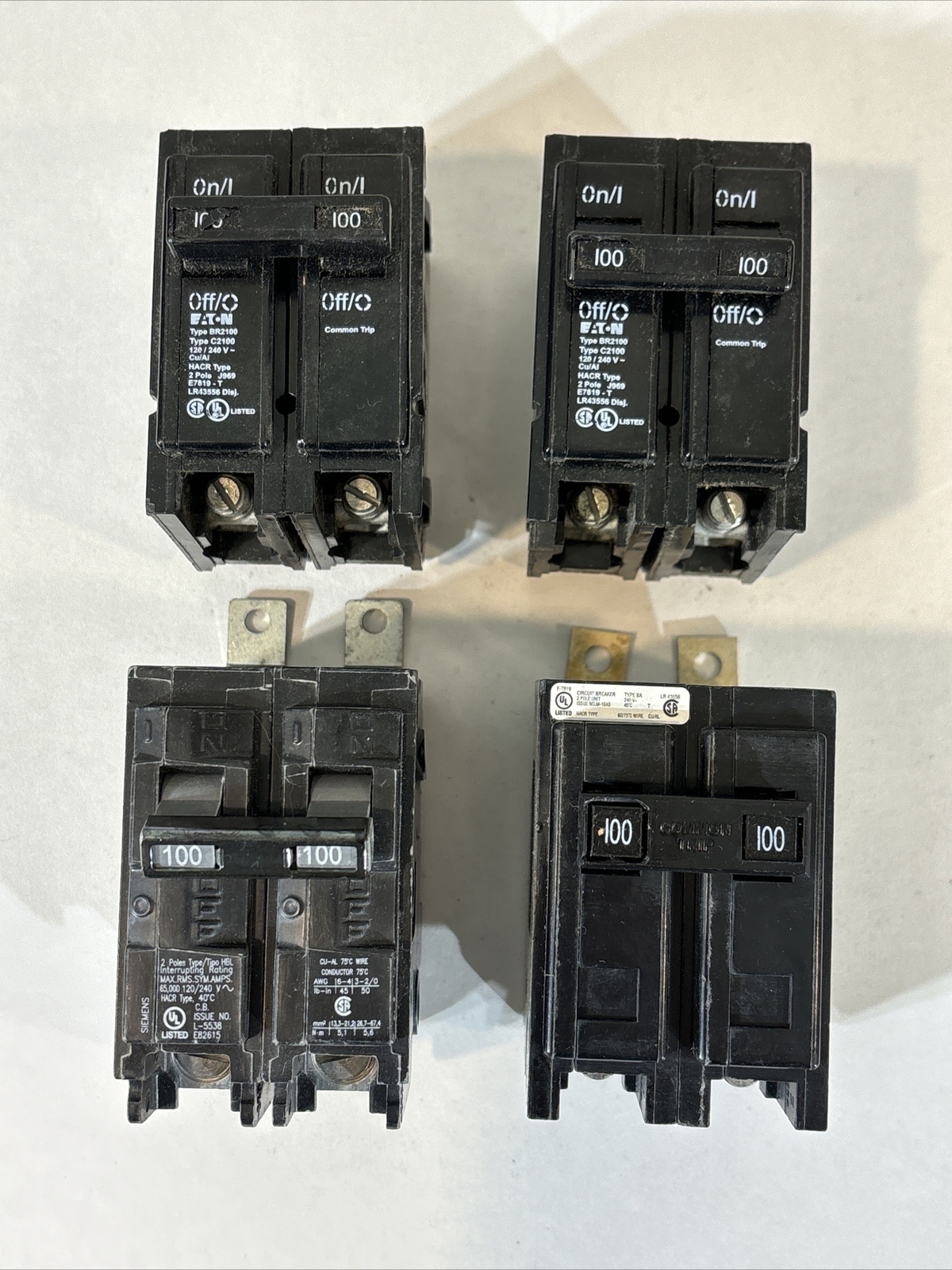 LOT OF 4 Circuit Breakers 100A 2-Pole Siemens Eaton BR2100 Culter ...