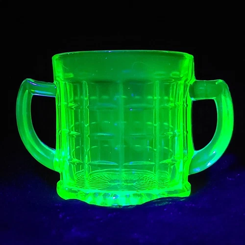 Hazel Atlas Colonial Block Green Depression Uranium Glass Open Sugar Bowl