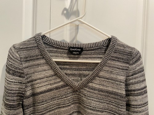 Bebe Silver and Gray V Neck Striped Sweater Size Large - Picture 2 of 7