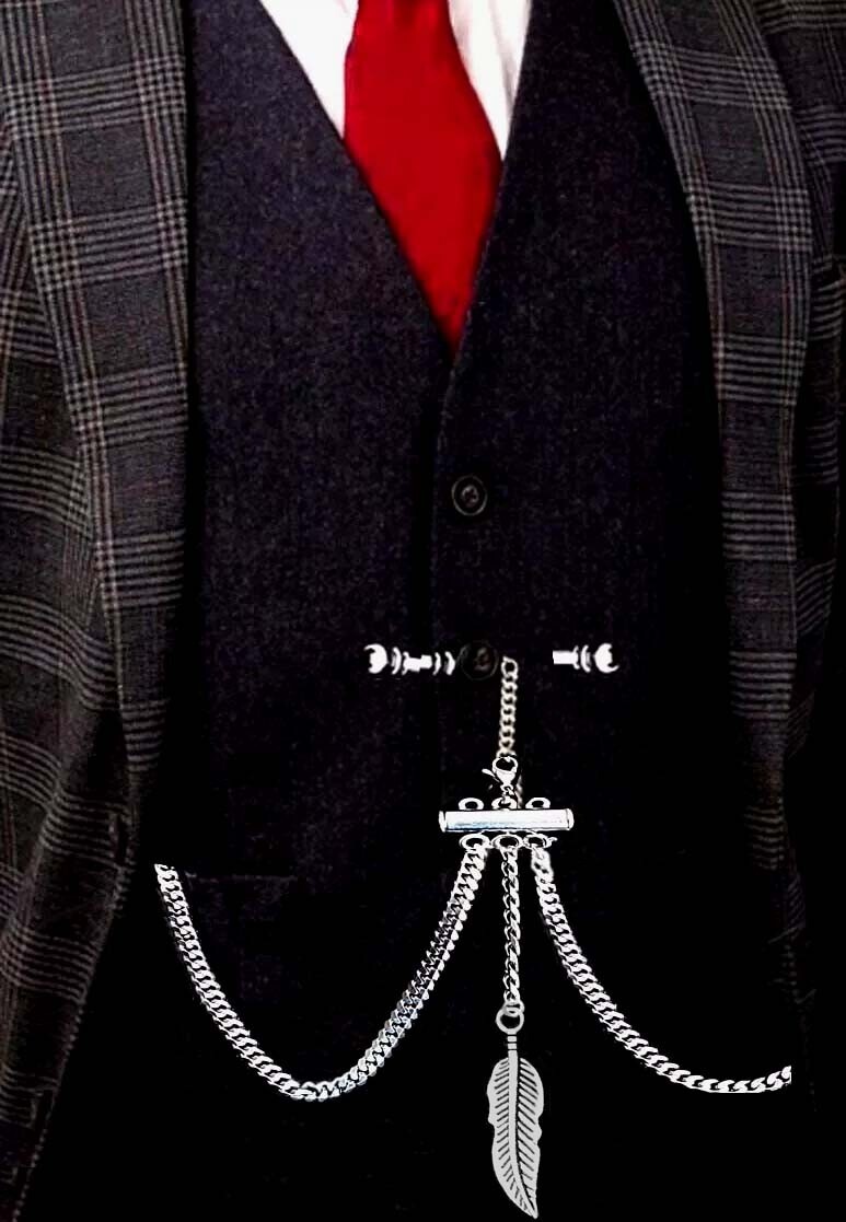 Very Strong Stainless Steel Pocket Watch Albert Double Chain With Leaf Fob