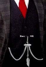 Very Strong Stainless Steel Pocket Watch Albert Double Chain With Leaf Fob
