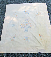 Vintage Handmade quilt Stitched Embroidered basket of flowers 94" x 81"