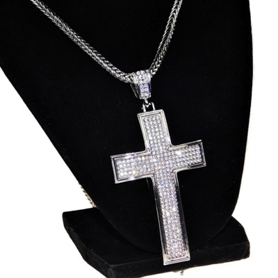アクセサリー weirdo/ BIG cross top&nut necklace chain Big Cross Necklace Silver Tone Simulated CZ Hip Hop Pendant Franco