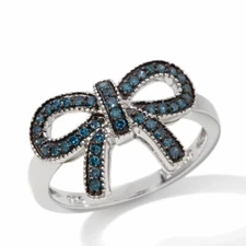 1/4ctw Blue Diamond Sterling Silver Bow Ring Womens Stackable Ring Size 5, HSN
