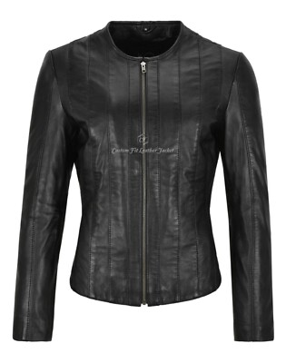 Damen Echtlederjacke schwarz Nappa kragenlos Freizeit Mode Stil 1926