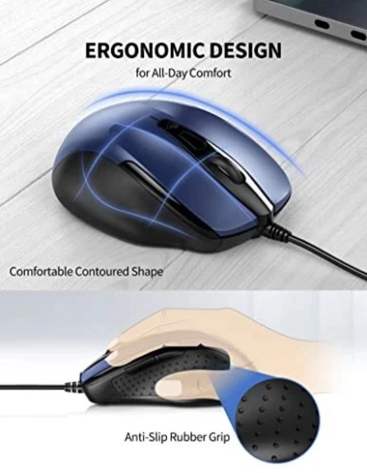 USB Wired Mouse 6-Button Corded Mouse with 2 Adjustable DPI Optical Blue UM013 - Image 4 of 4