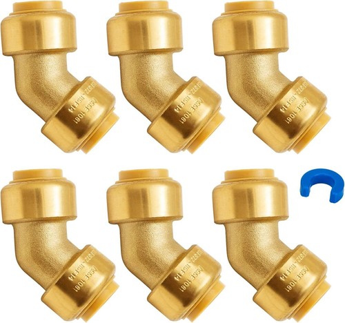 1/2 Inch 45-Degree Elbow, Push-to-Connect Plumbing Fitting, Brass, 6-Pack