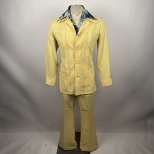 Vtg 60s 70s Leisure Suit Mens Medium Jacket Coat 34 32 Pants Bell Bottoms Yellow
