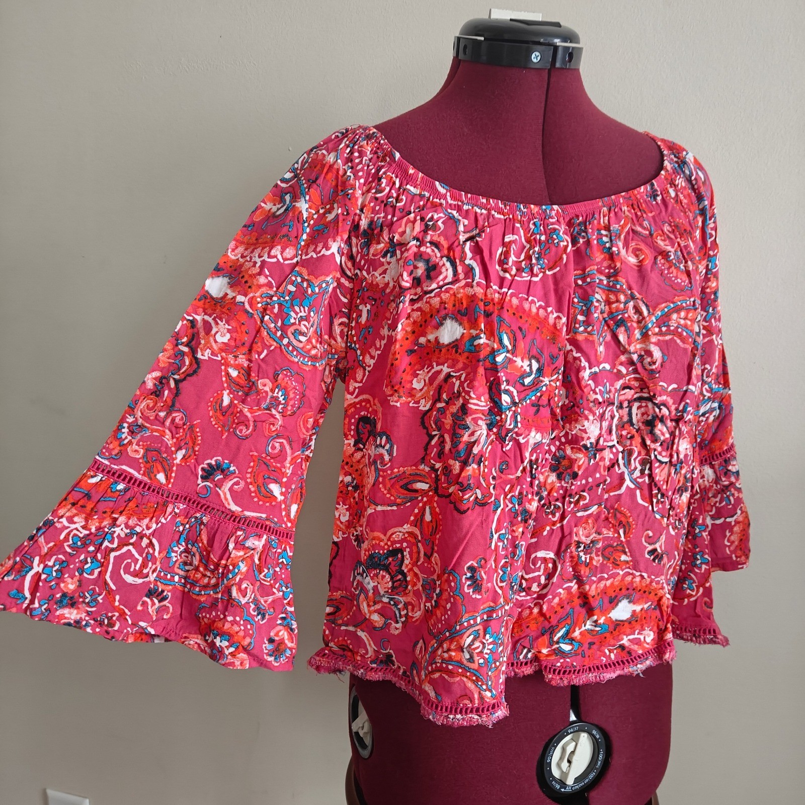 Womens Blouse Bell Flare Sleeve Paisley Boho Off The Shoulder Pink Red Large