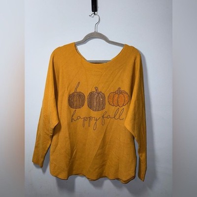 Vila Milano rhinestone its fall yall pumpkin Mustard sweater Size XL EUC