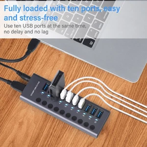 10 Port 60W USB 3.0 Hub avec interrupteurs individuels LEDs alliage d'aluminium Shell