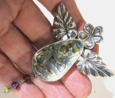 Modernist Sterling Silver Sculptural Pendant Abalone Gemstone Dangle Artisan 3''