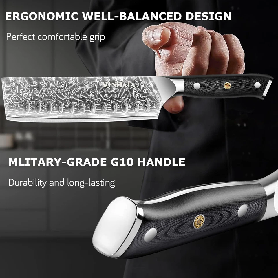 Coltello Damascato Coltello Da Cucina Nakiri Con Manico G10 E Acciaino Affilacol - Immagine 4 di 4