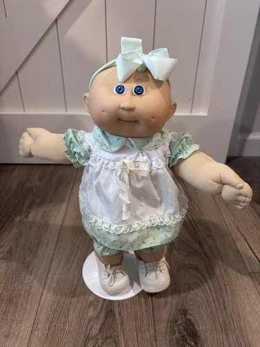 Bald blue eyes hm 9 cabbage patch kids from 1986  wearing green cpk dress #8E