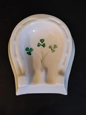 Vintage Belleek Shamrock Horseshoe Small Ashtray Trinket Dish or Spoon Rest