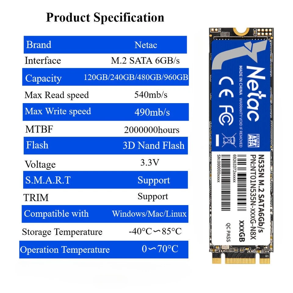 Netac M.2 SATA SSD 960GB 480GB SSD Internal Solid State Drive - Image 2 of 4