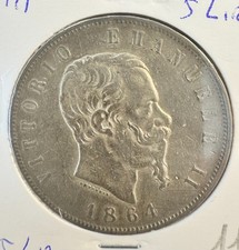5 Lire 1864 N Regno d'Italia  Vittorio Emanuele II Stemma  argento SILVER BB