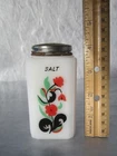 RARE VTG McKEE TIPP CITY MILK GLASS RED BLOSSOM w/ BLACK LEAVES SALT SHAKER 4”